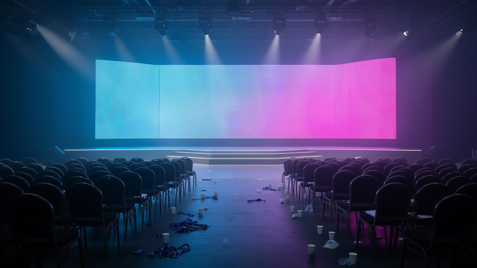 Leere Tech-Event-Halle nach dem letzten Gast – LED-Bühne leuchtet noch in Blau und Magenta