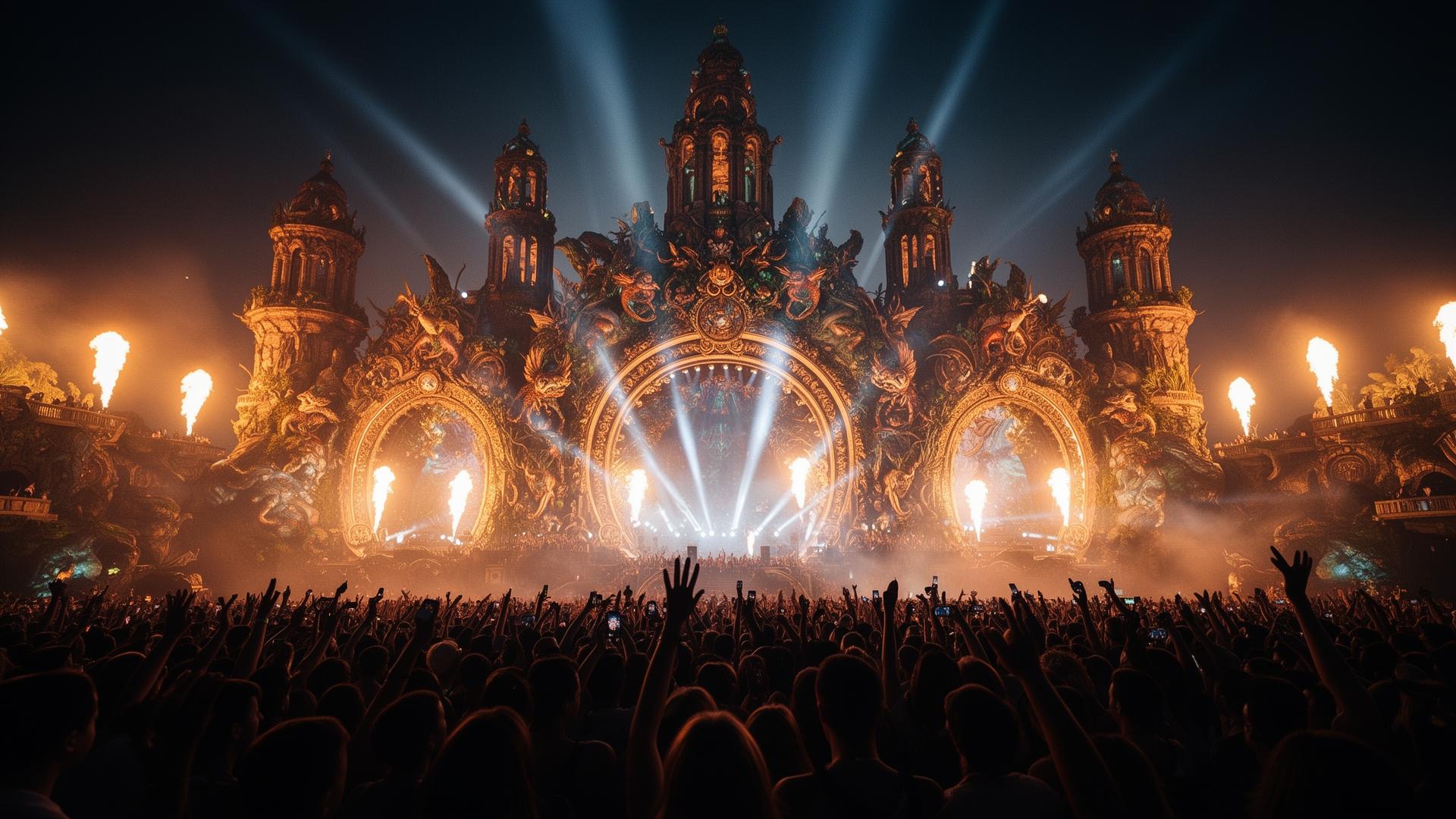 Spektakuläre immersive Festivalbühne im Tomorrowland-Stil – Blick durchs jubelnde Publikum