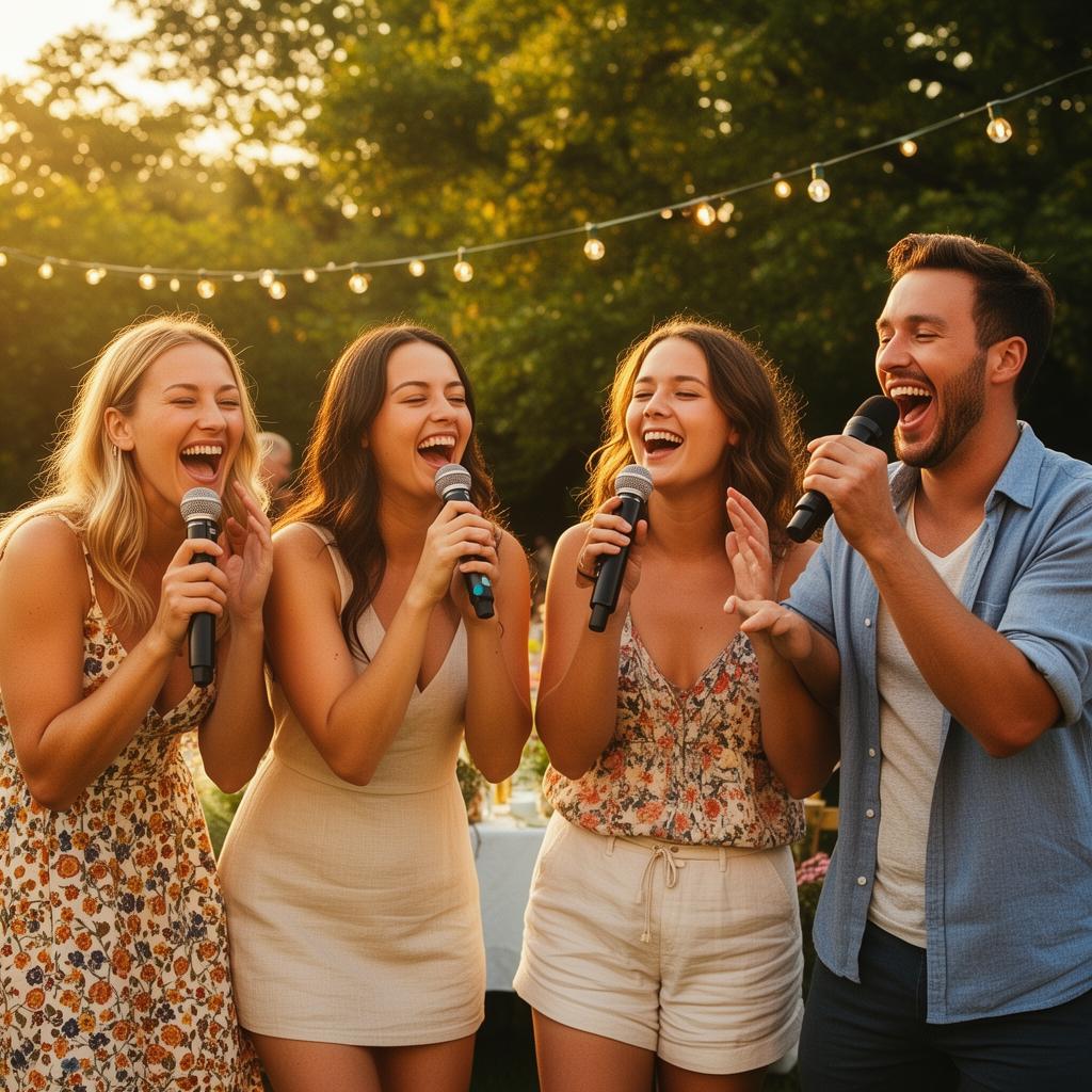 Gruppe singt gemeinsam Karaoke bei einem Sommerfest – lachend und ausgelassen