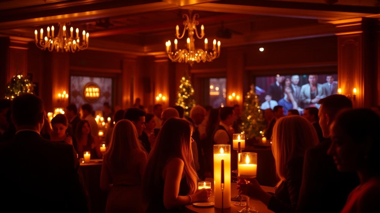 Elegante Firmenweihnachtsfeier mit stimmungsvoller Beleuchtung und Gästen